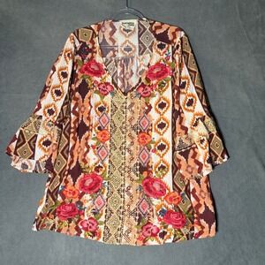 Savanna Jane Top 2X Boho Embroidered Floral Tunic Aztec Bell Sleeve